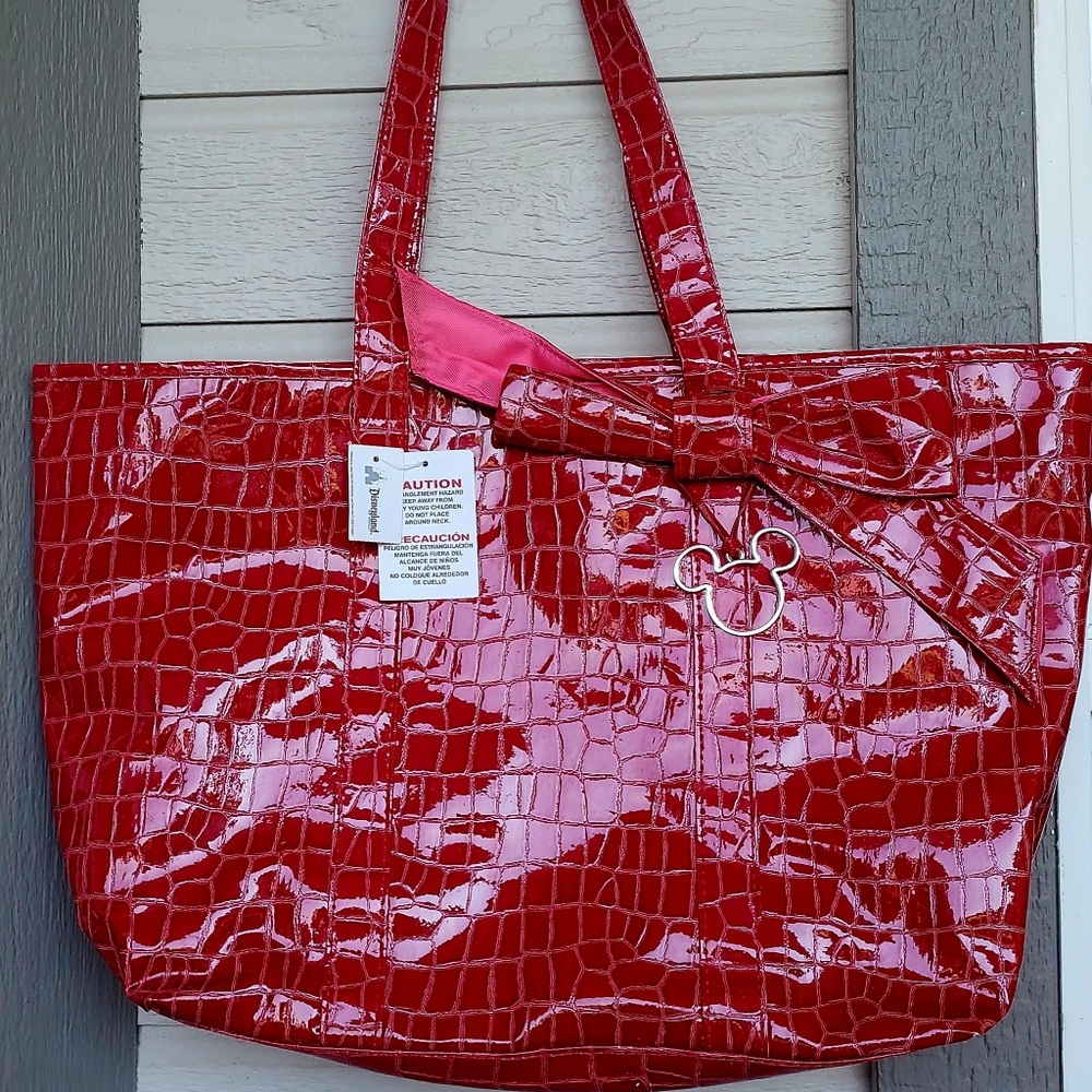 Red Patent Tote Bag with Bow Accent
